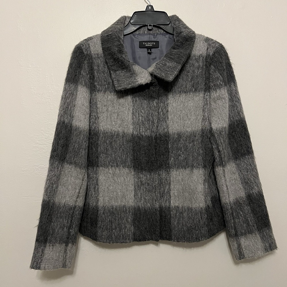 Talbots Grey Buffalo Plaid Wool Alpaca Blend Zip Front Jacket Womens 10